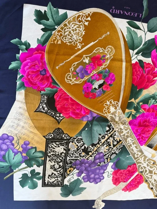 LEONARD Paris 100% Silk Scarf Baroque Arrangement Stringed Instrument Peony Navy - Picture 7 of 16